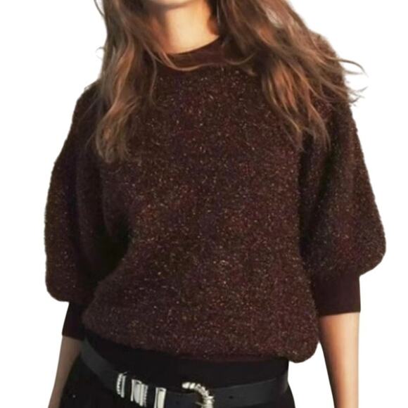 Anthropologie Maeve Violetta Tinsel Sweater Women’s M Chocolate Brown SS NEW - Picture 1 of 6